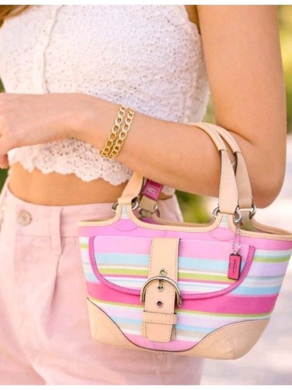 Coach Hampton Soho Stripe Tote 1888 Pink Multi Vachetta Leather Satchel Bag - Picture 3 of 16